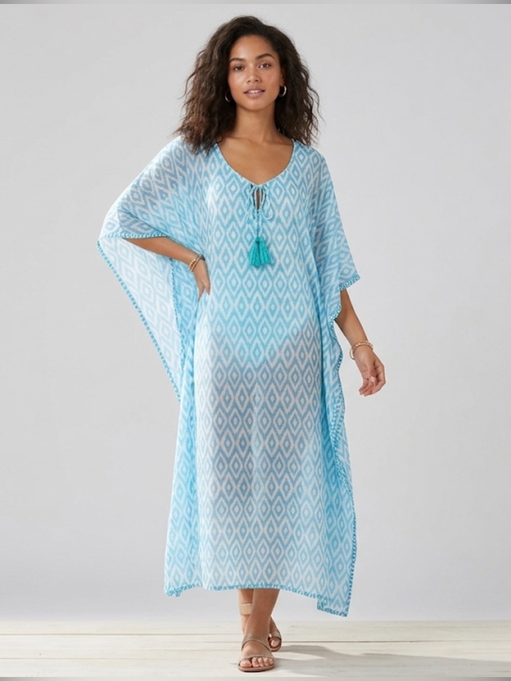Oliphant Blue White Tile Print Cotton Maxi Caftan Dress S/M